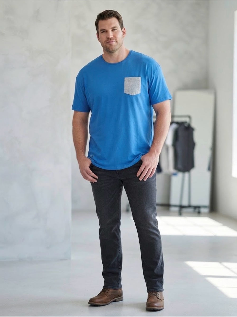BYLT Drop Cut Men's 2XL Blue/Gray Pocket Tee Short Sleeve Crew Neck Cotton